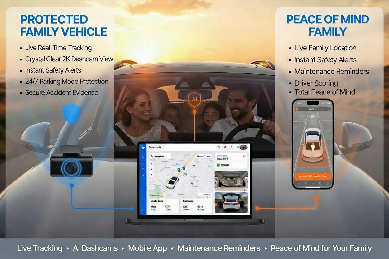 Symtrack diagram — a protected family vehicle with live tracking, AI dashcam, and a mobile app